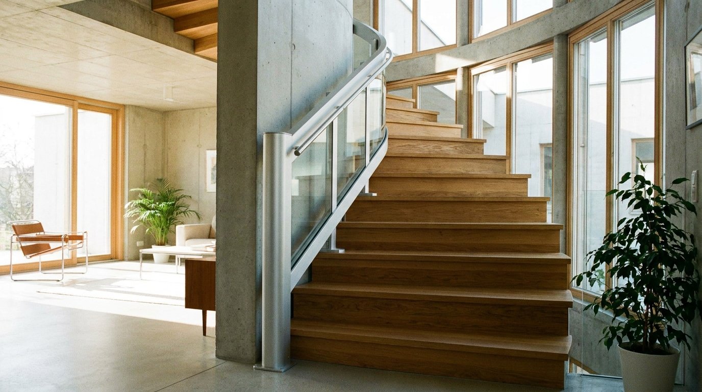 Monte-escalier moderne sur un escalier tournant, maison lumineuse