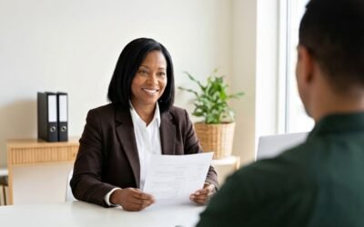 Une femme souriante en costume tient un document face à un homme en entretien
