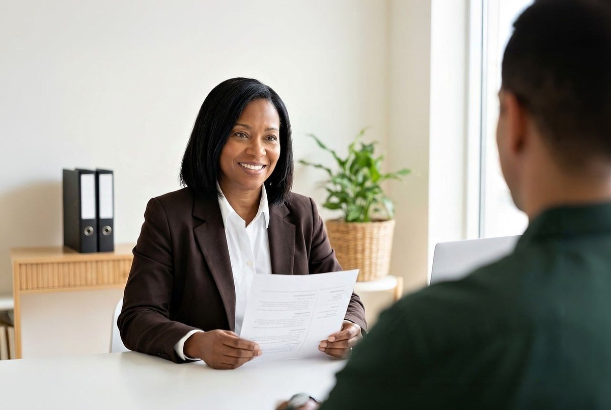 Une femme souriante en costume tient un document face à un homme en entretien