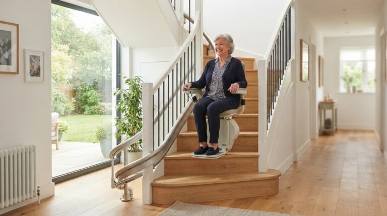Monte-escalier moderne sur un escalier tournant, maison lumineuse